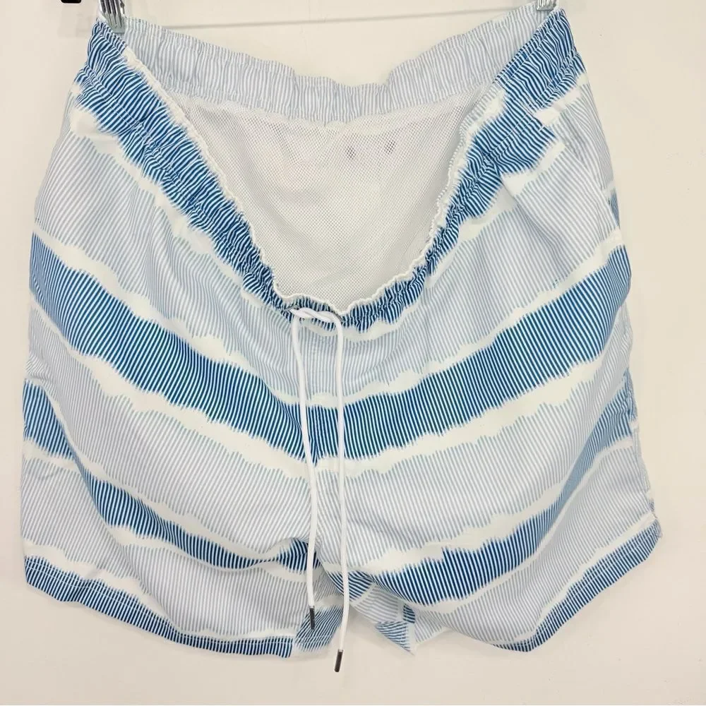 Land's End White Blue Squiggle Stripe Mesh Lined Drawstring Waist Swim Trunks